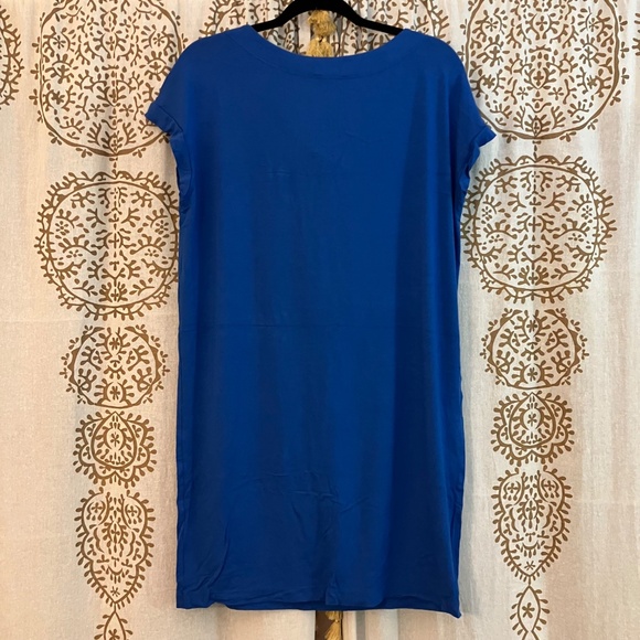 Eileen Fisher Petite Medium PM Blue Drape Front Cap Sleeve Tunic Dress Jersey - Picture 2 of 6